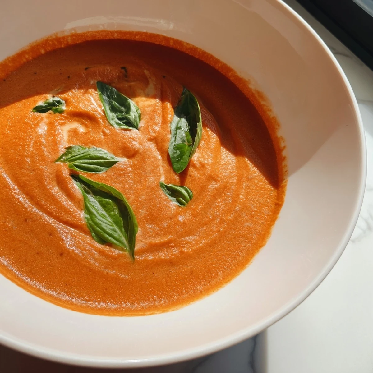 A bowl of creamy roasted tomato and basil soup, garnished with fresh basil, steaming gently.