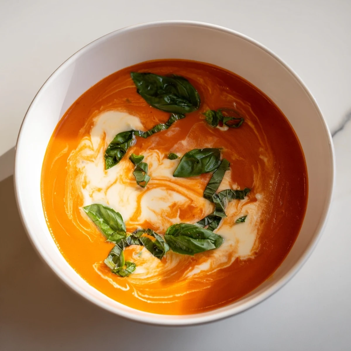 Smooth, vibrant Creamy Roasted Tomato and Basil Soup ready to serve, a comforting vegetarian meal.