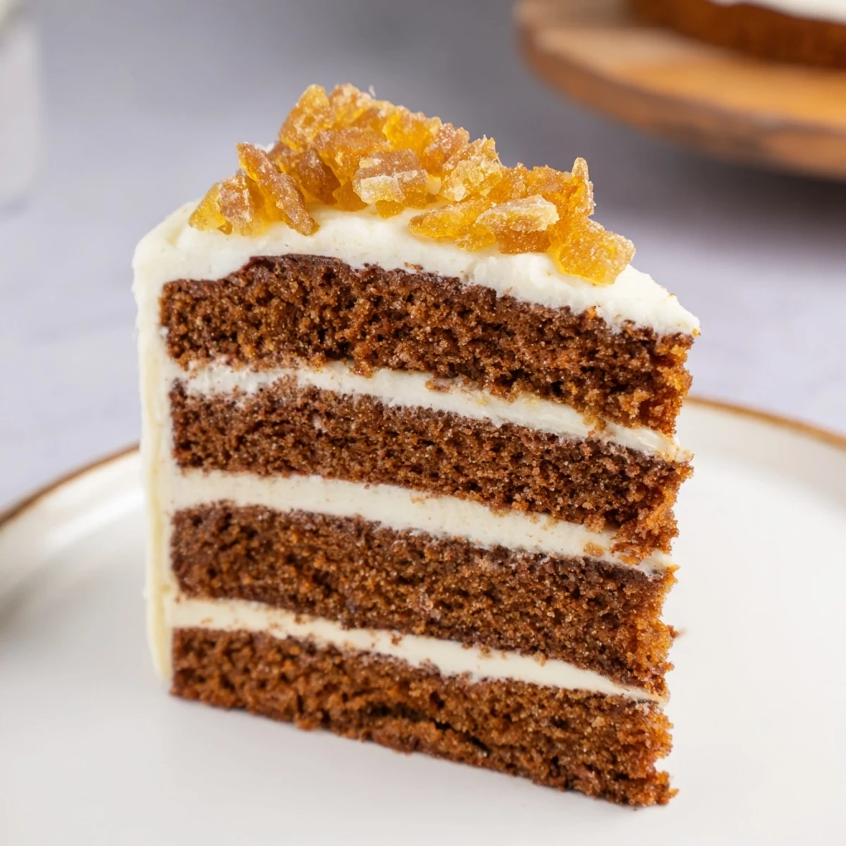 Tall, frosted spiced gingerbread layer cake, showcasing moist cake layers and smooth cream cheese.