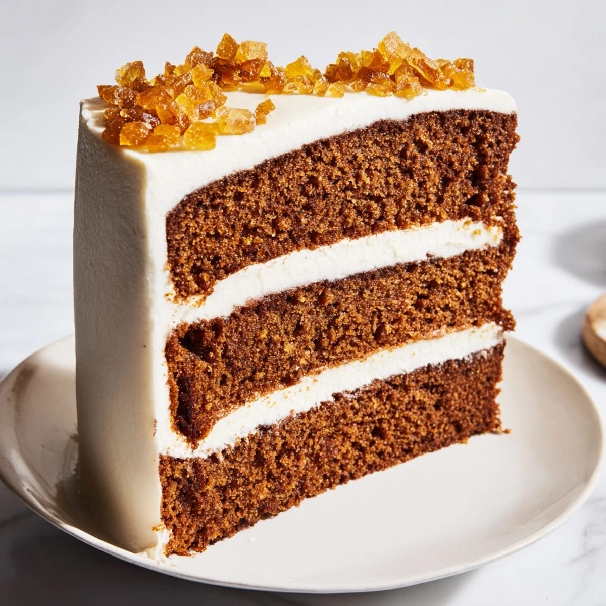 Warm gingerbread layer cake with cream cheese frosting, a delightful dessert for any celebration.