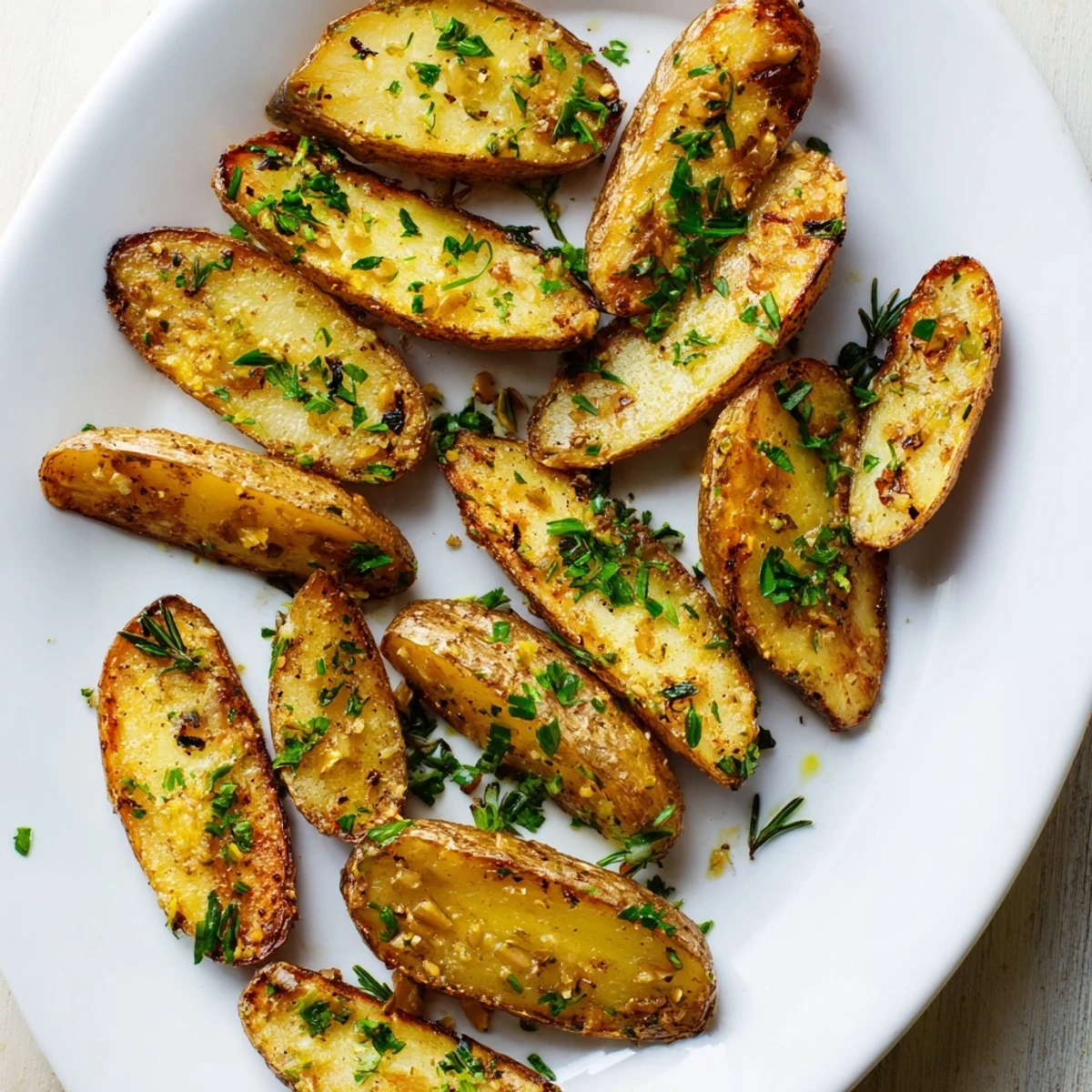 Golden brown Garlic Herb Roasted Fingerling Potatoes, a delightful side dish with crispy edges and savory garlic aroma.