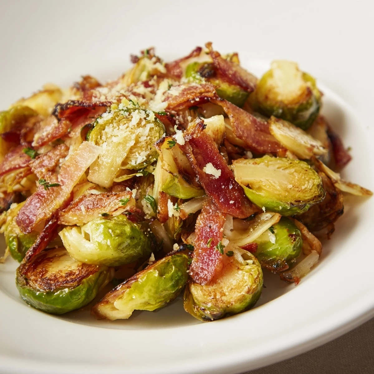 Imagine tender Sautéed Brussels Sprouts with Turkey Bacon, a satisfying side, bursting with savory flavors.