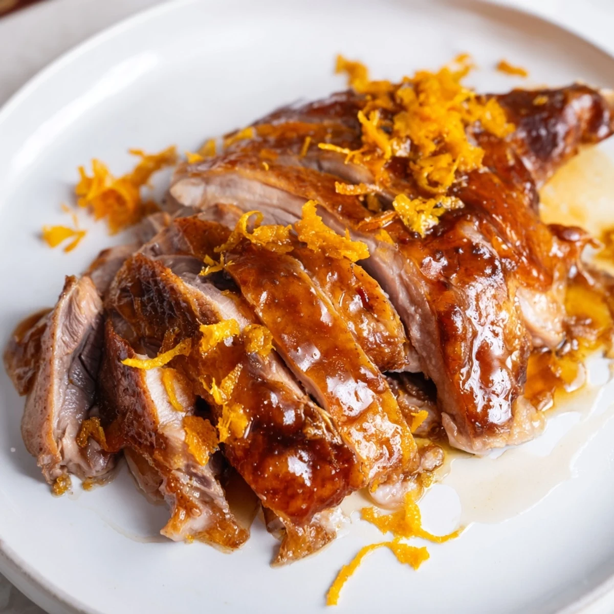 Close-up of a beautifully glazed roasted duck, showcasing the tender meat and aromatic flavors.