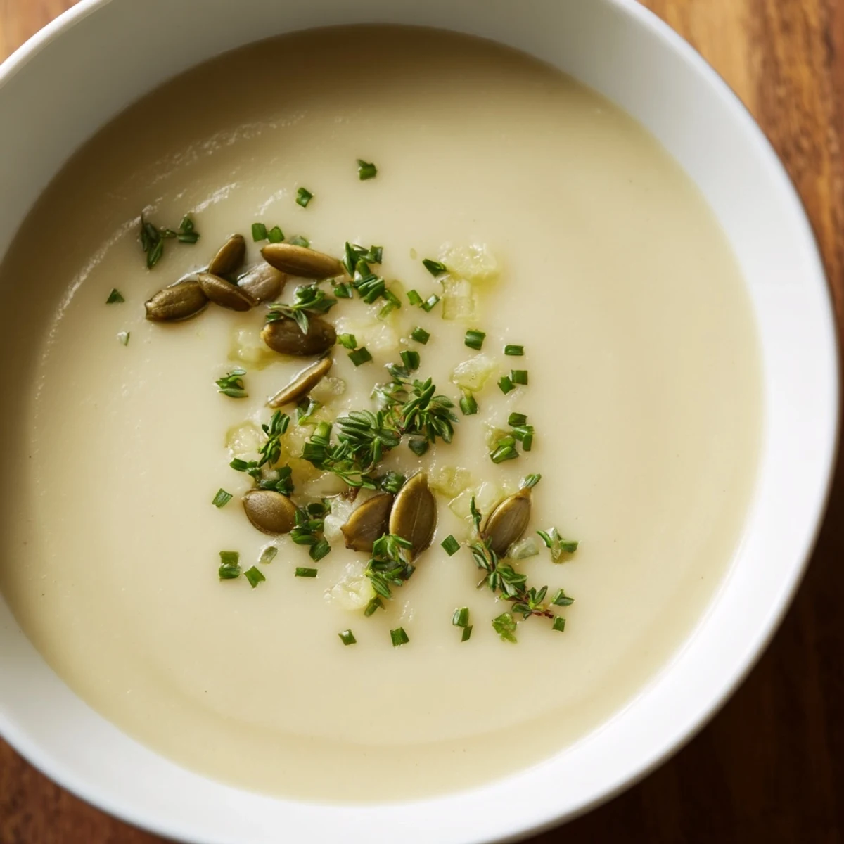 A close-up shot of the velvety, smooth Creamy Parsnip and Apple Soup, ready to eat.