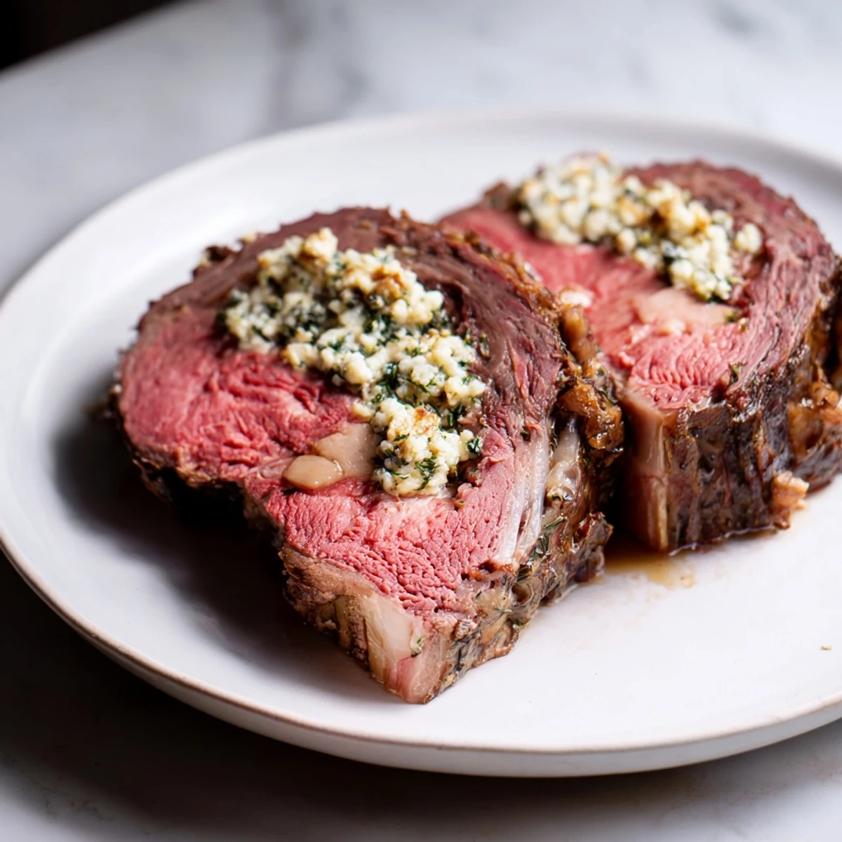 Juicy, reddish-pink Garlic Herb Roasted Prime Rib with crispy, herb-infused crust, ready to serve.