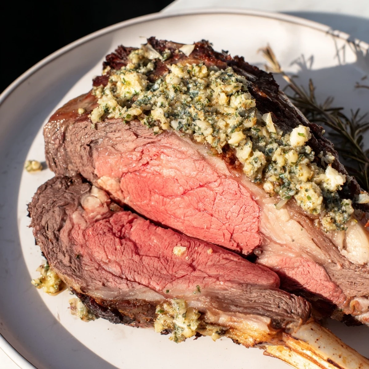 Close-up of a perfectly roasted Garlic Herb Roasted Prime Rib with flavorful garlic and herb coating.