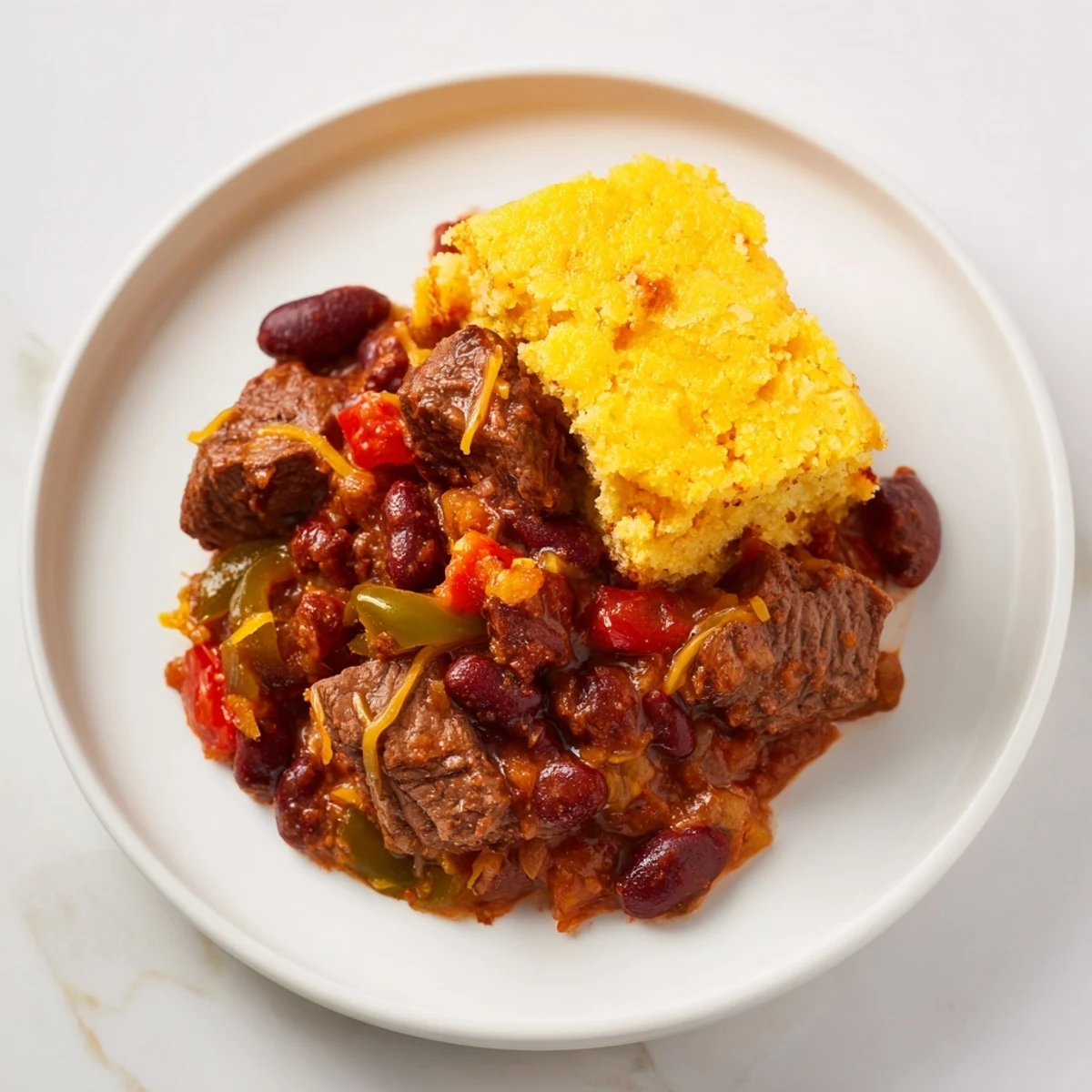 Hearty, flavorful slow cooked beef chili with a delightful cornbread crust, ready to serve.