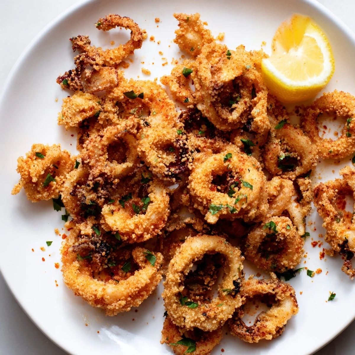 Golden-brown crispy fried calamari, ready to eat, served with fresh lemon wedges and savory dipping sauce.