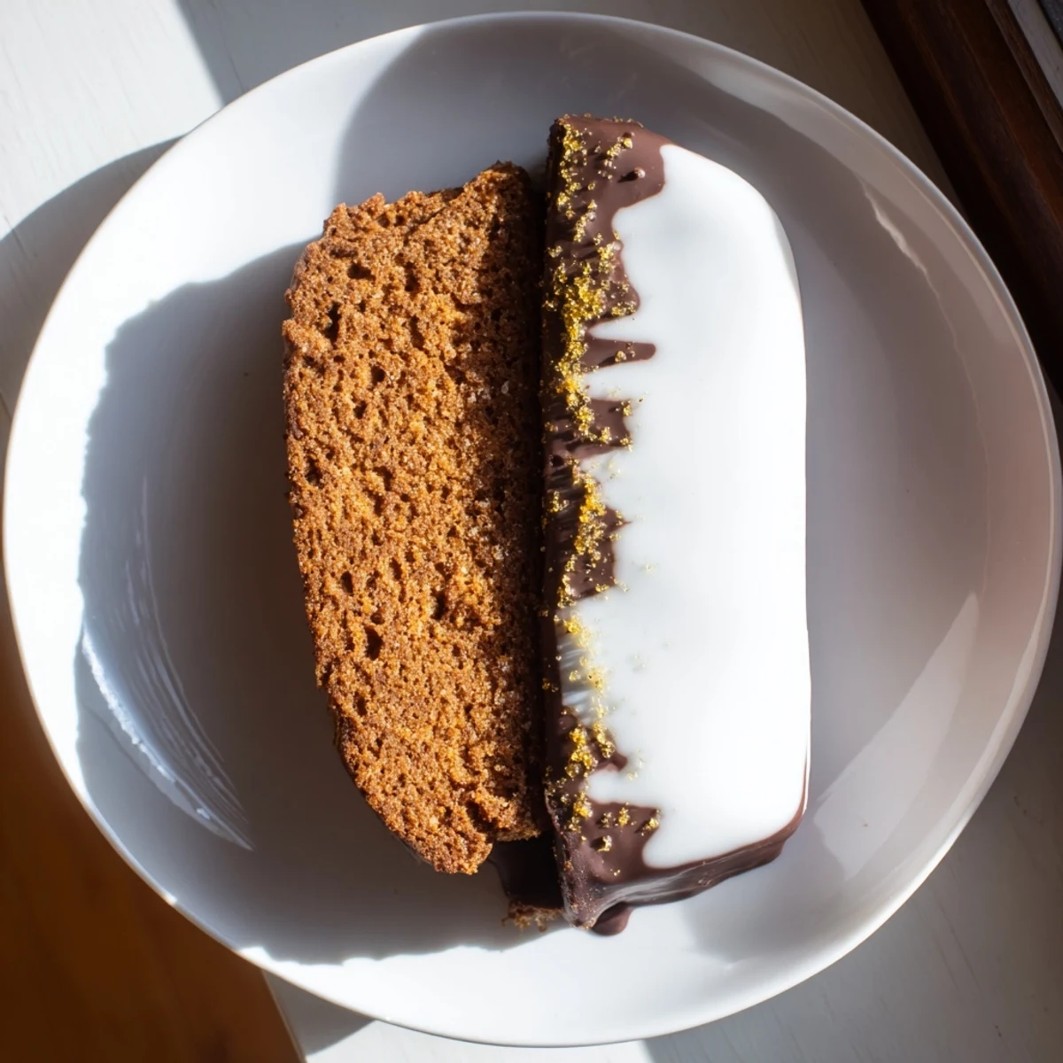 Golden-brown gingerbread biscotti dipped in creamy white chocolate ready to be enjoyed.