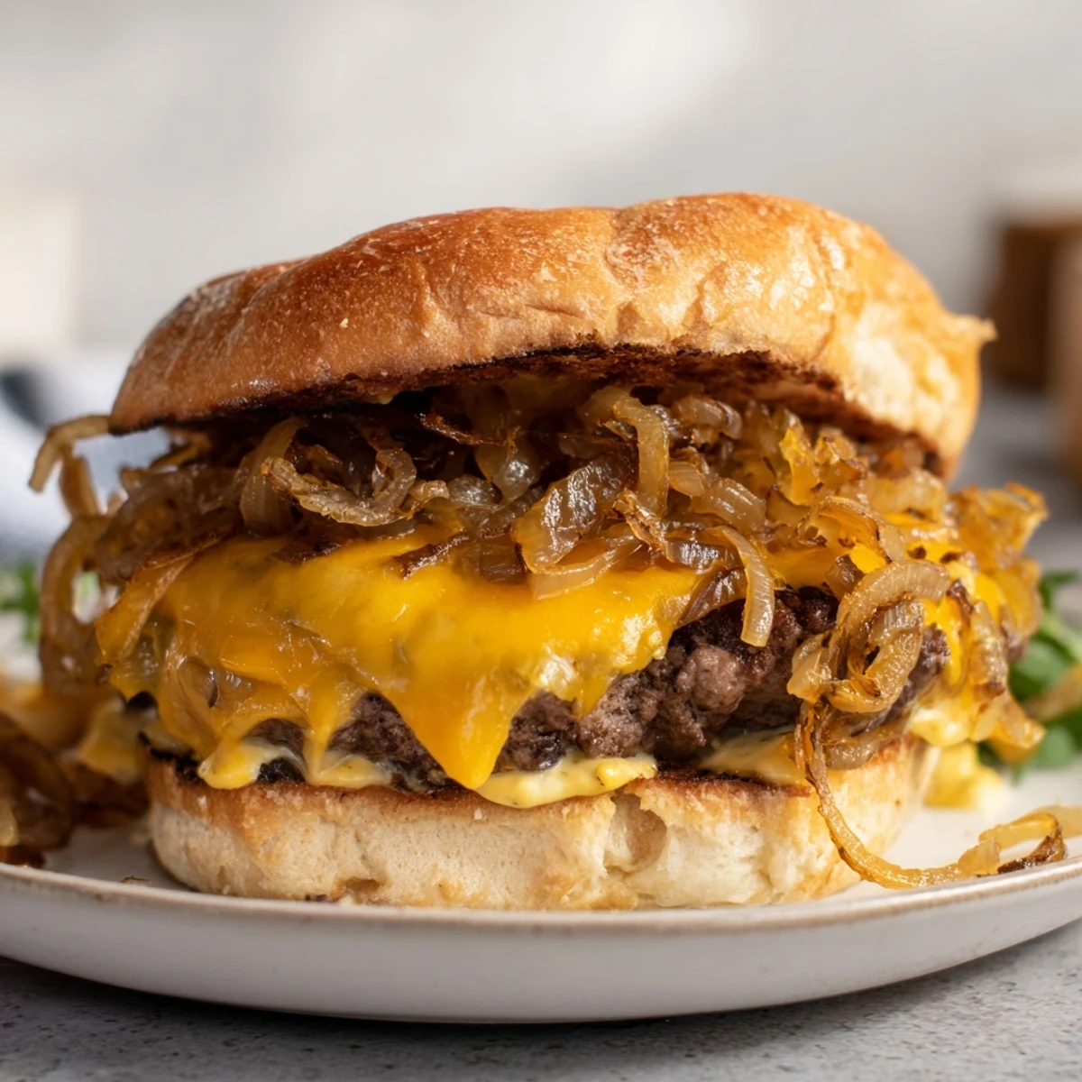 Melted cheese cascading over a perfectly cooked beef burger with sweet caramelized onions, delicious!