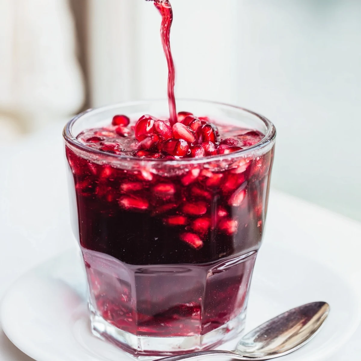 A refreshing glass of Cranberry Pomegranate Juice, ruby-red and full of fruity flavors.