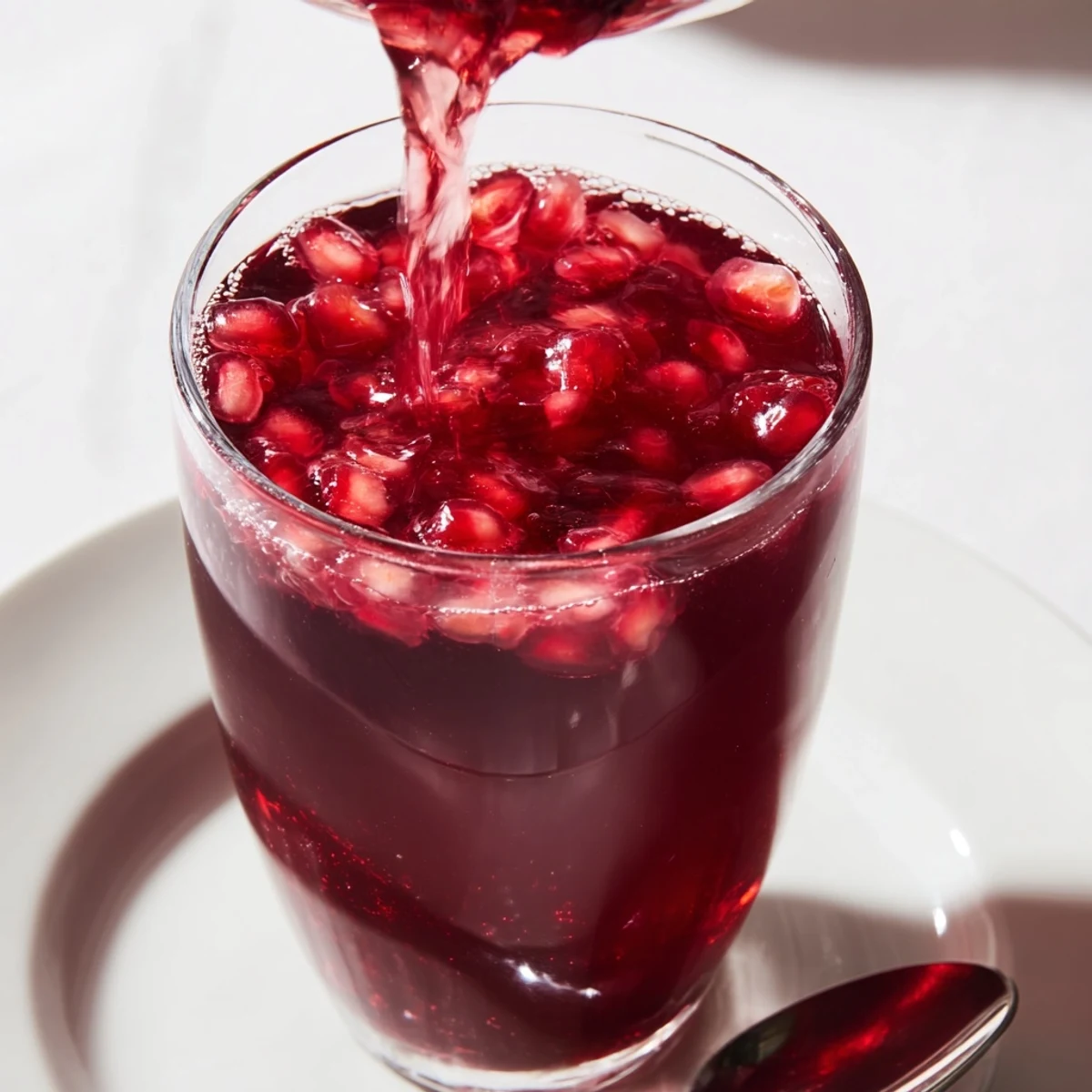 Vibrant red color of homemade Cranberry Pomegranate Juice; perfect breakfast beverage, ready to drink.