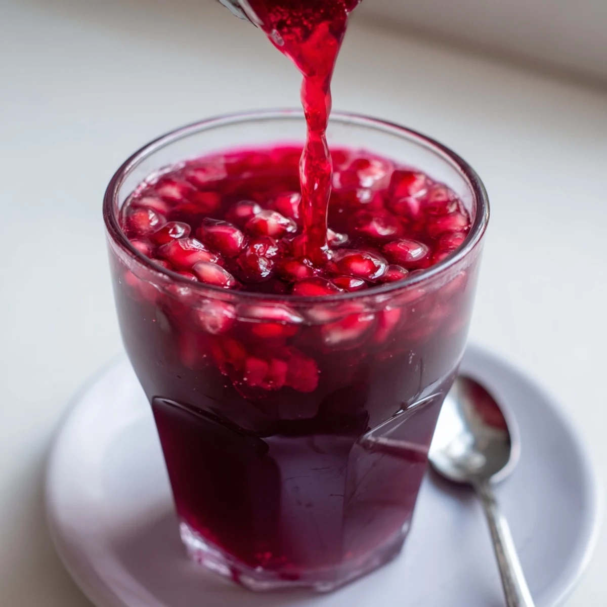 Enjoy fresh, delicious, tart Cranberry Pomegranate Juice, a beautiful ruby-red color in a glass.