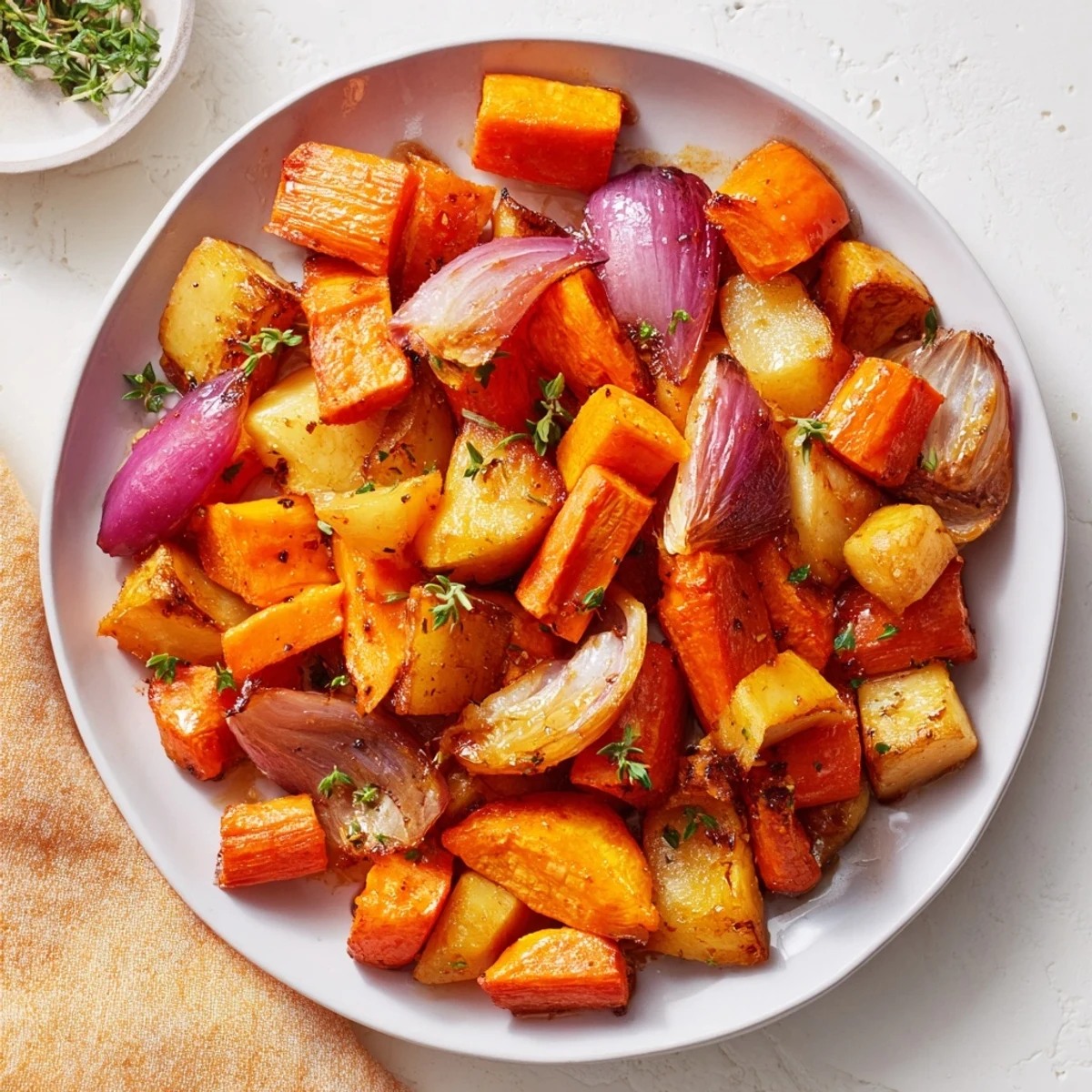 Golden, caramelized Roasted Root Vegetables with Honey, a colorful and flavorful side dish served warm.