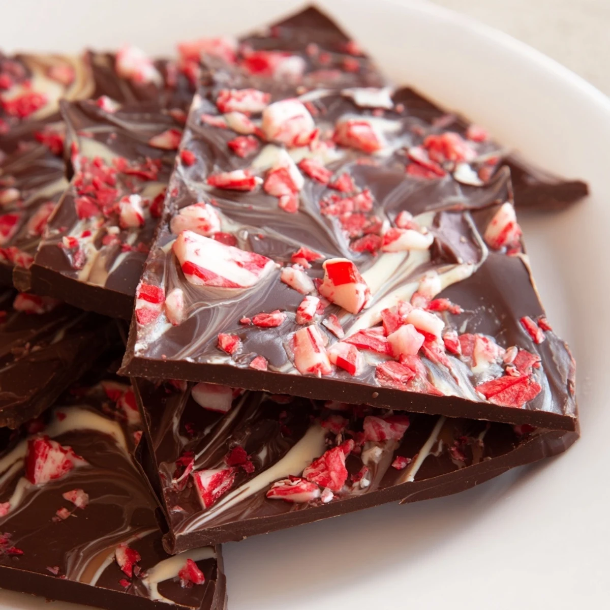 A close-up of Dark Chocolate Peppermint Bark, showcasing crunchy peppermint on rich dark chocolate.