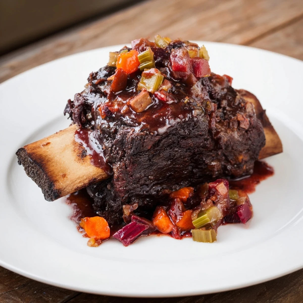 Tender slow braised beef short ribs glistening with savory sauce, perfect for a cozy dinner.