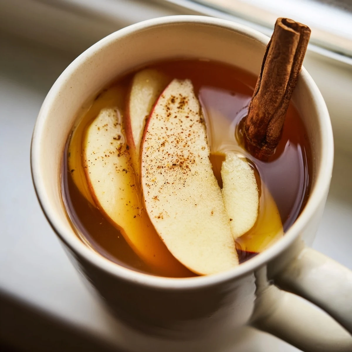Steaming mug of warm apple cider with cinnamon, garnished with fresh apple slices.