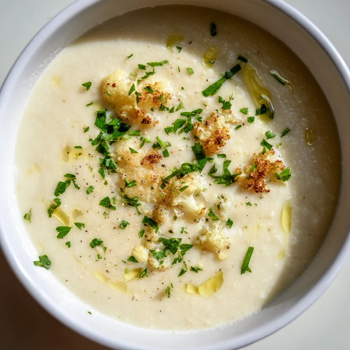 Golden, creamy roasted cauliflower soup, perfect for a cozy, flavorful vegetarian dinner on chilly evenings.