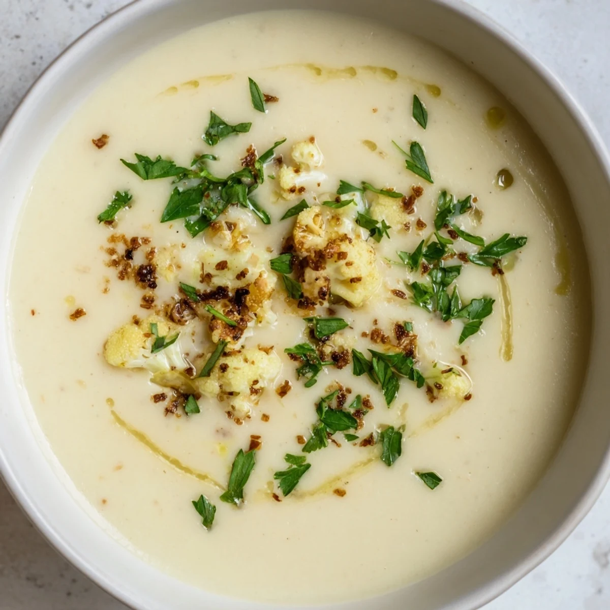 Imagine a warm bowl of creamy roasted cauliflower soup, garnished with fresh herbs and a swirl of cream.