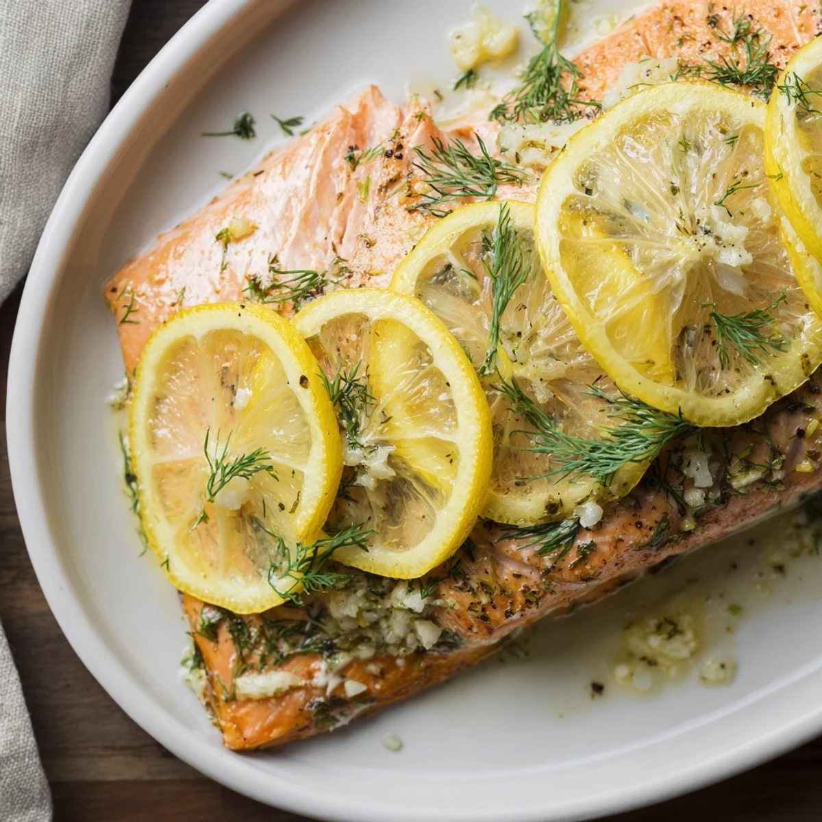 Enjoy a close-up of this delicious Baked Salmon with Lemon and Dill, cooked to savory perfection.