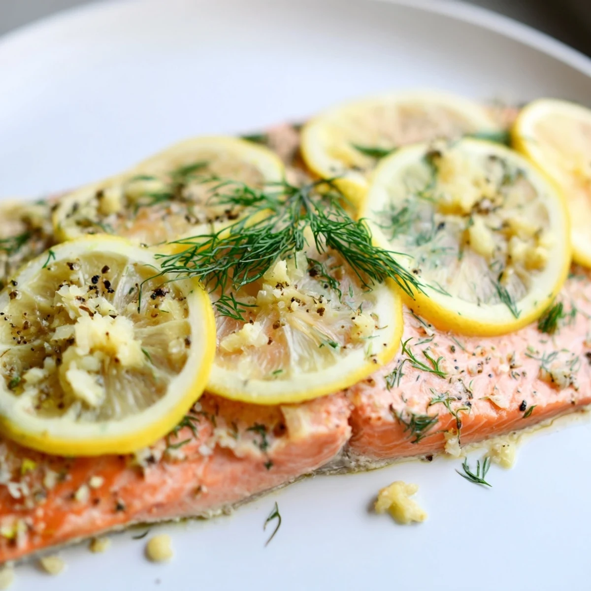 Golden-brown Baked Salmon with Lemon and Dill, garnished with fresh herbs, ready for dinner.