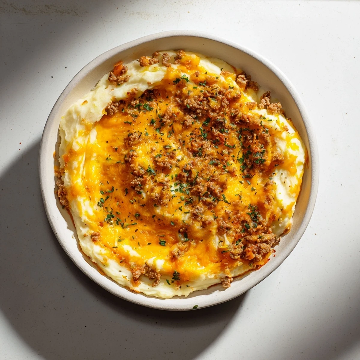 Golden, bubbly Savory Lamb and Potato Shepherds Pie, a comforting dish with rich lamb filling.