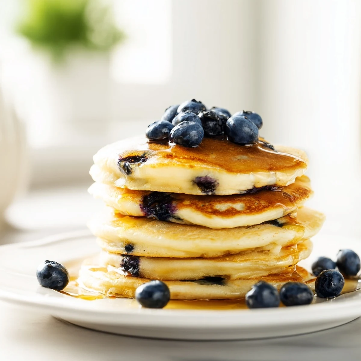Golden brown blueberry pancakes, stacked high, ready to be drizzled with warm maple syrup.