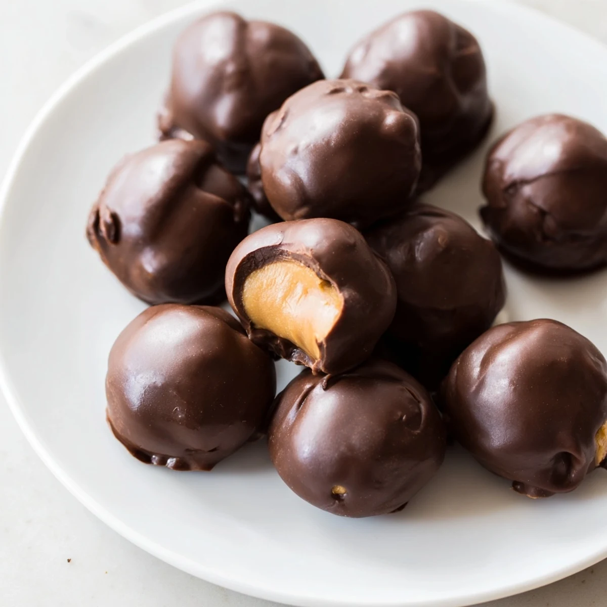 A platter filled with decadent peanut butter balls, showing a festive chocolate-covered treat.