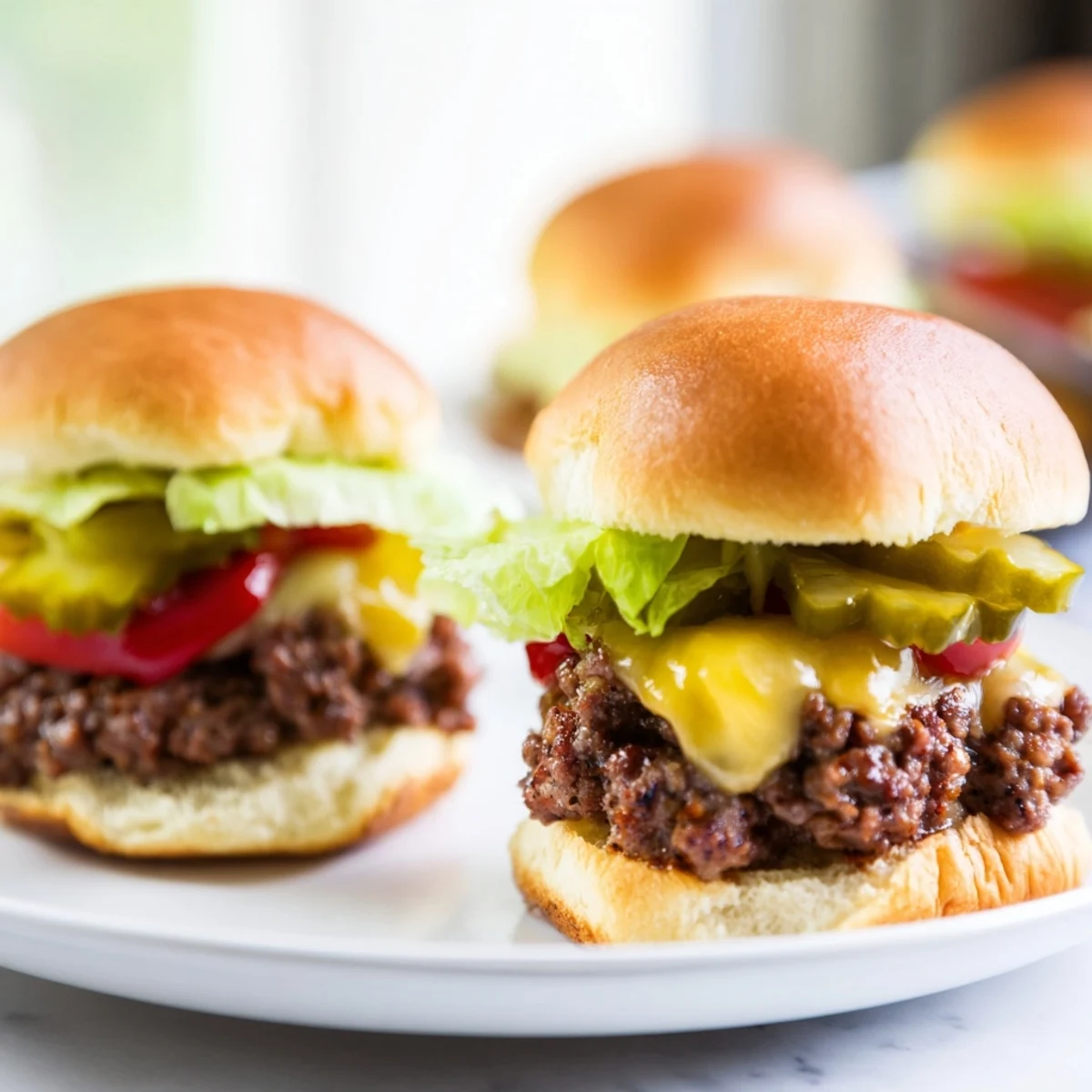 Close-up on delicious beef sliders, stacked high on buns, perfect for a casual American meal.