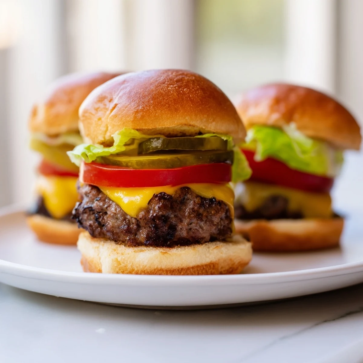 Golden-brown beef sliders, a flavorful bite with cheddar, lettuce, and tomato, ready to be enjoyed.