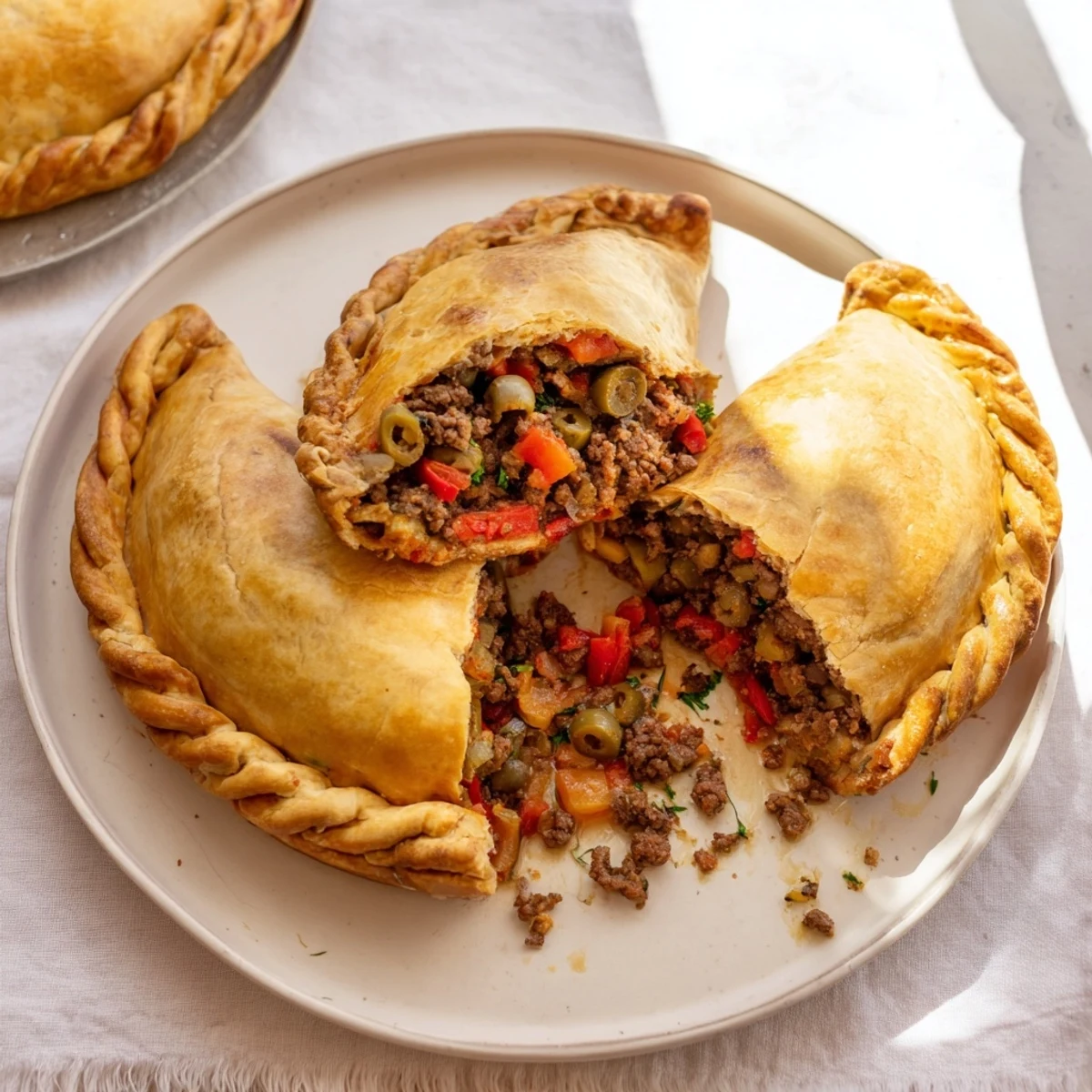 A close-up of delicious Beef Empanadas, their crimped edges and egg-washed tops showing delicious detail.