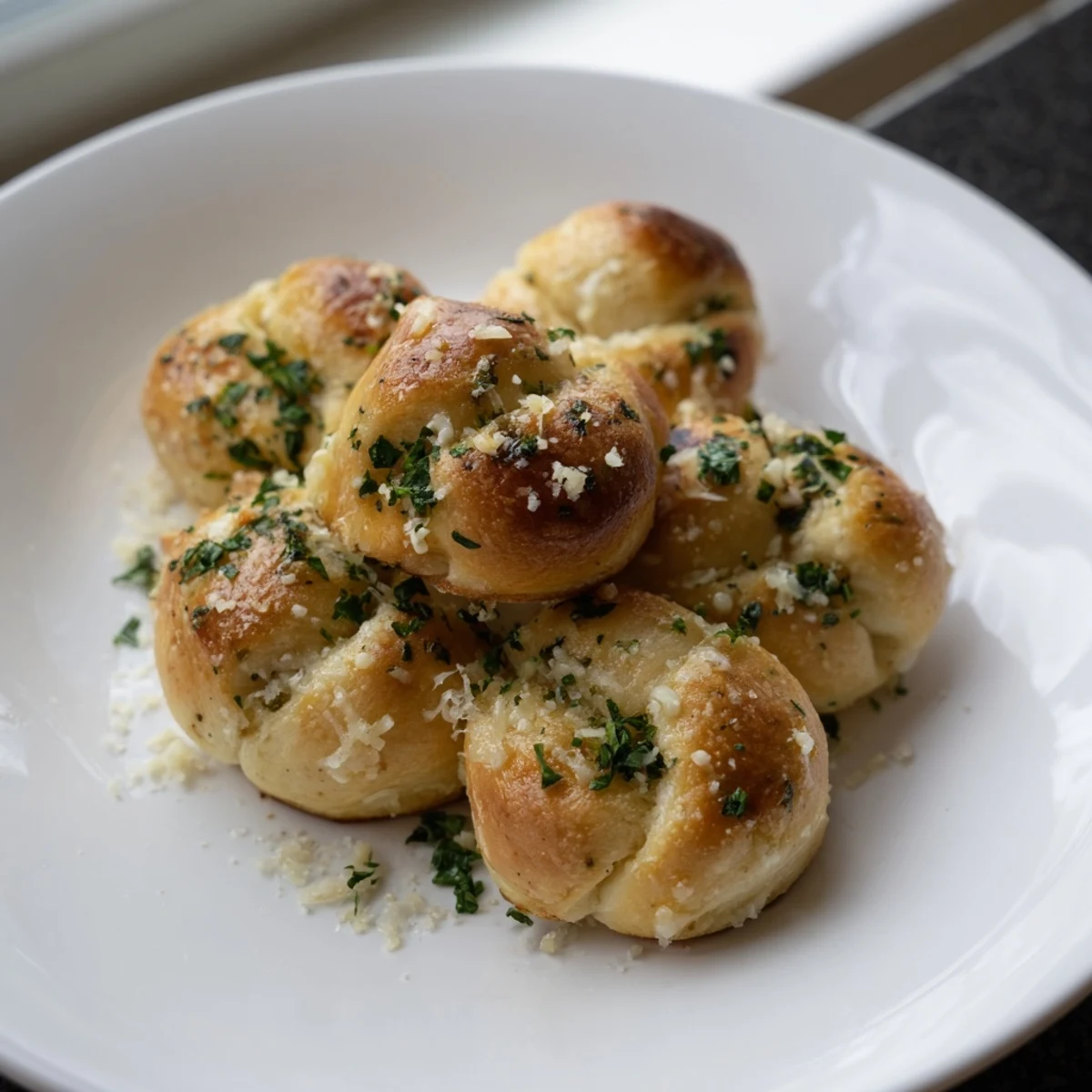 Golden garlic knots fresh from the oven, glistening with a savory garlic butter glaze.