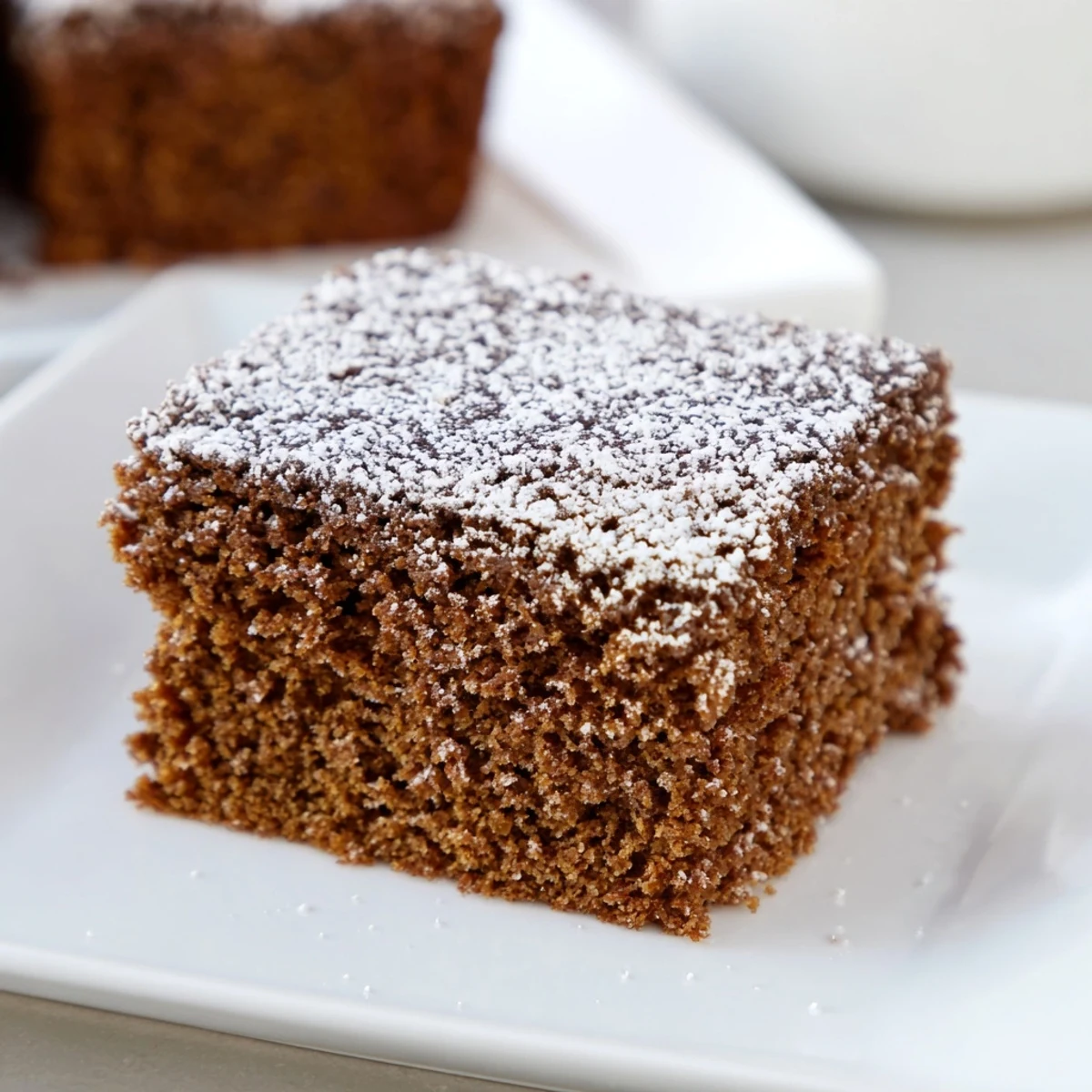 A close-up of a freshly baked gingerbread cake with a crackly top, hinting at a moist interior.