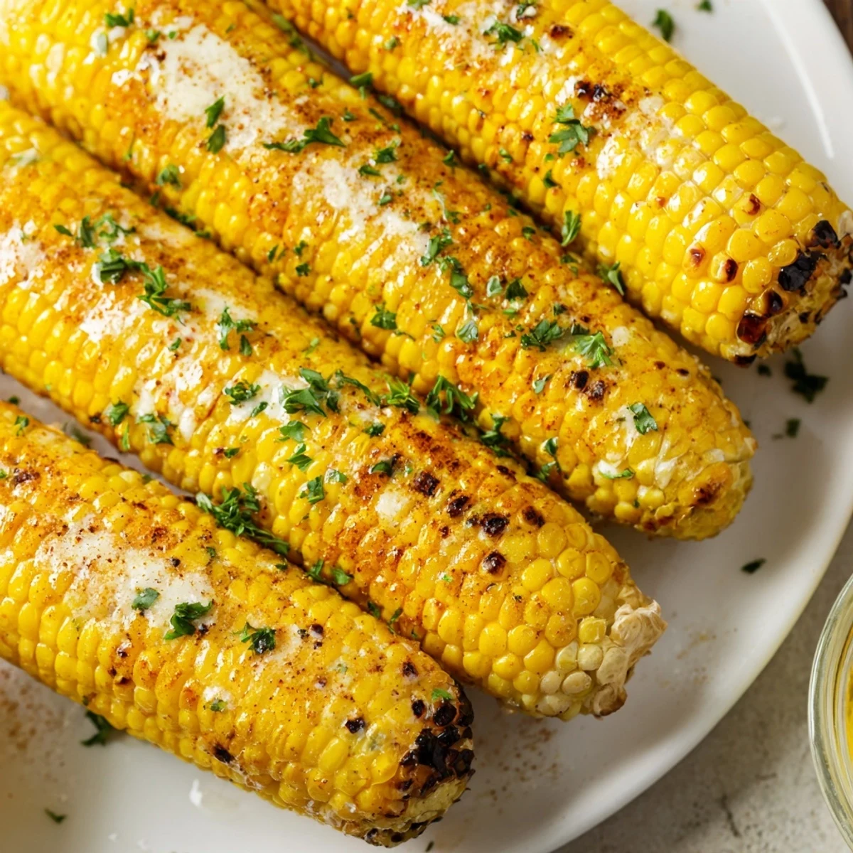 Juicy roasted corn glistens with butter, a perfect summer side dish, easy to make.
