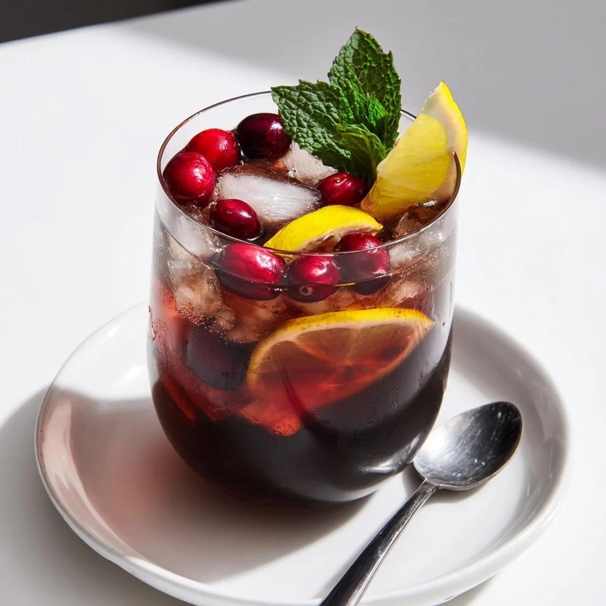 Enjoy the beautiful color of a vibrant, homemade Tea Cranberry drink, ready to savor.