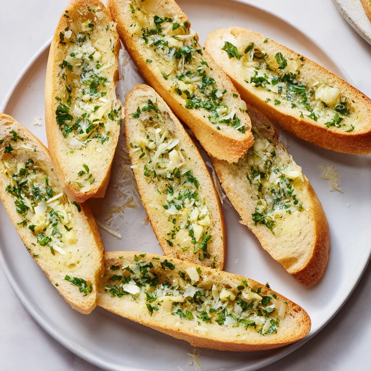 Golden, crusty garlic bread, freshly baked with melted garlic butter and herbs, ready to serve.