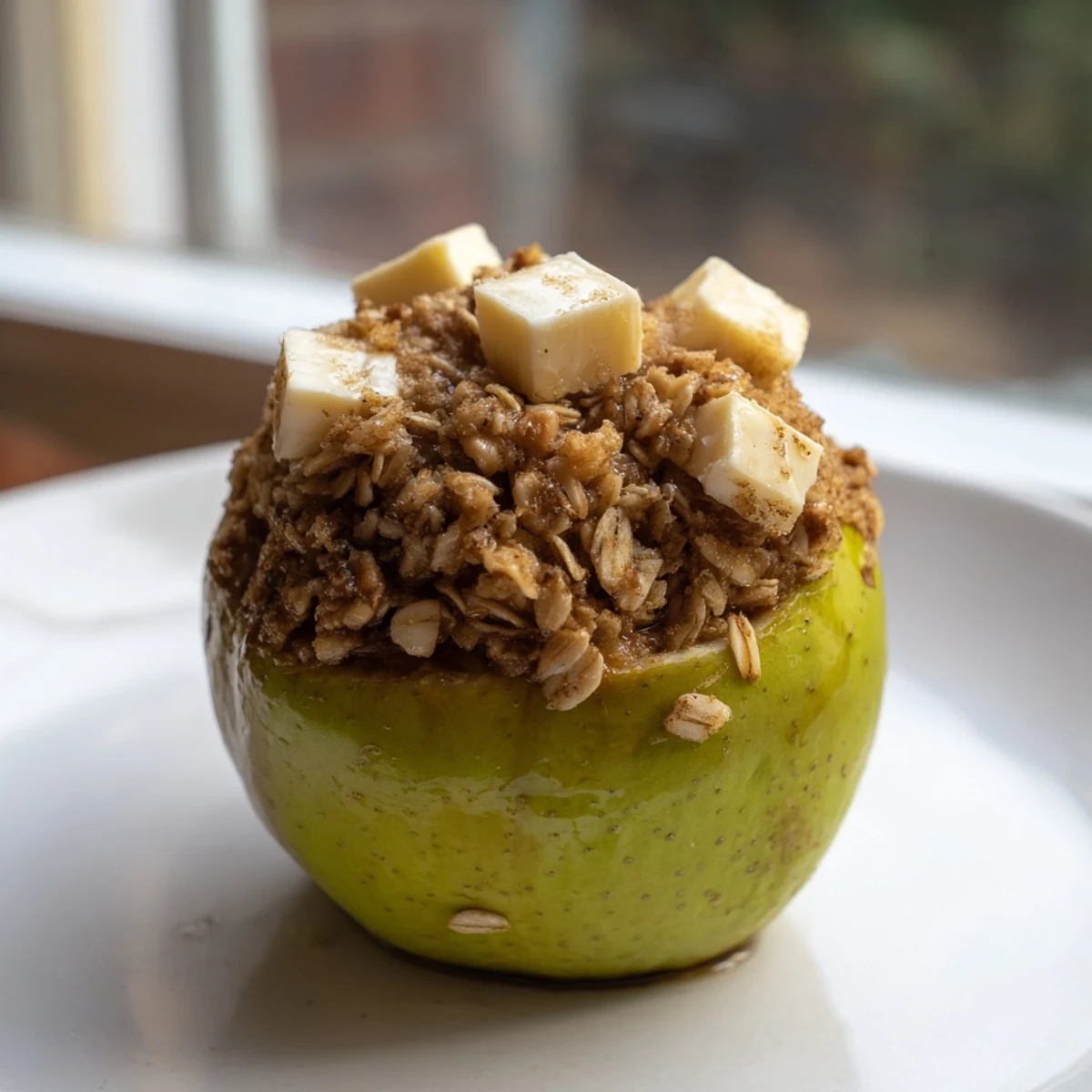 Sweet Baked Apples with a cinnamon-oat filling, glistening and fresh from the oven, a perfect dessert.