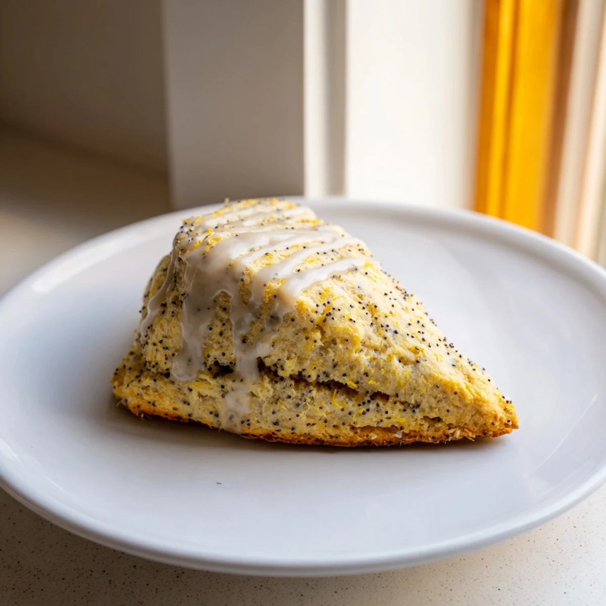 Fluffy, oven-fresh Zesty Lemon and Poppy Seed Scones, with a bright citrus glaze drizzled on top.