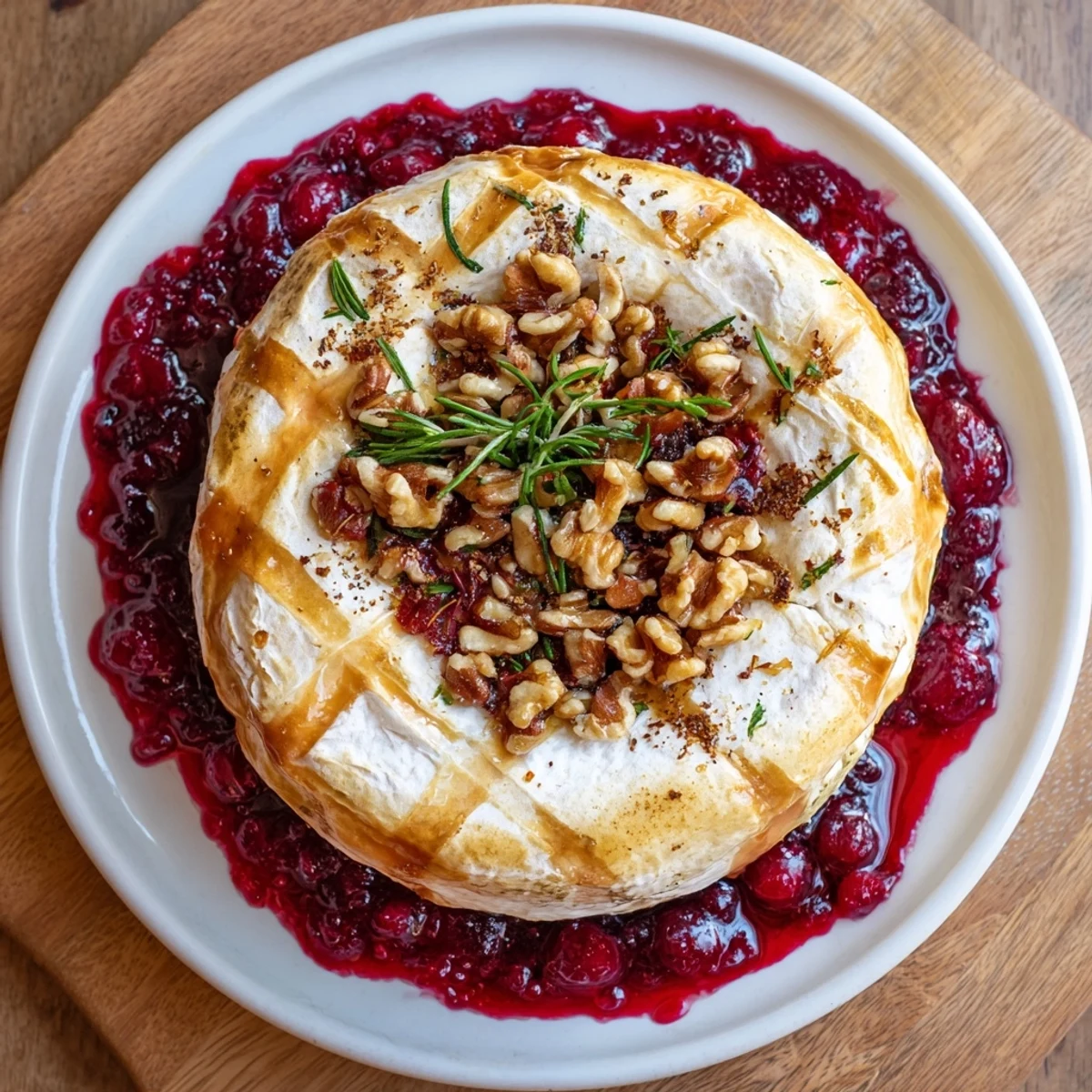 Molten Baked Camembert with vibrant cranberry jam, ready to scoop, perfect for an appetizer.