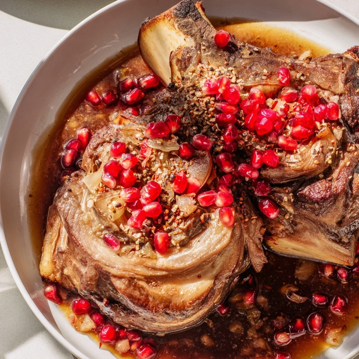 Succulent Slow Braised Beef Short Ribs served with vibrant pomegranate, perfect for a cozy dinner.