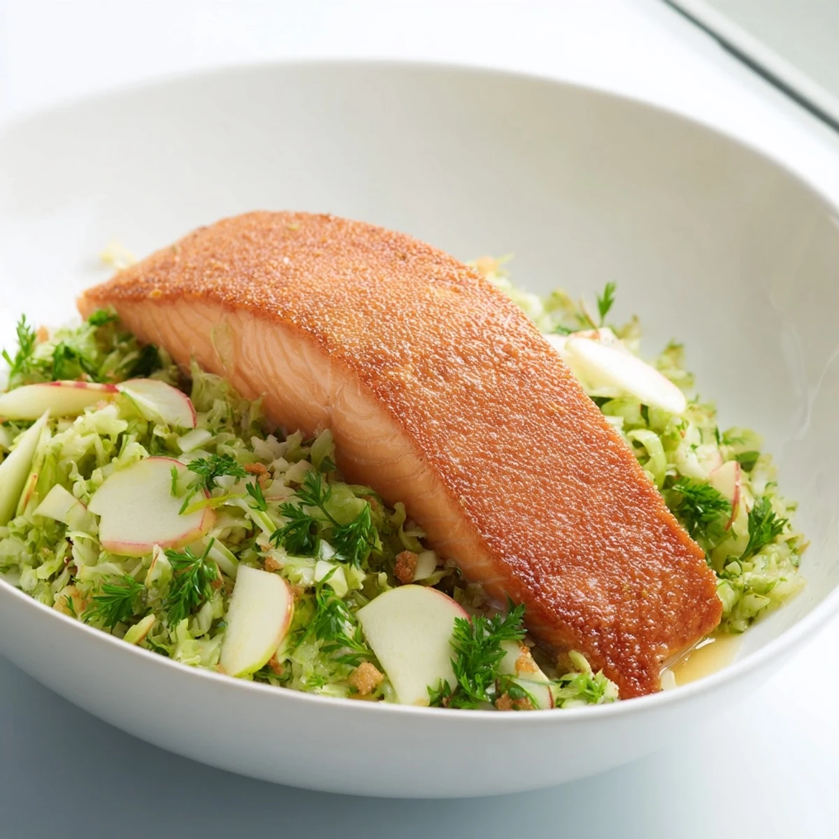 Close-up of flaky crispy skin salmon, plated with a refreshing and crunchy fennel slaw.