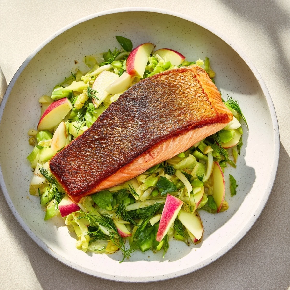 Freshly cooked crispy skin salmon ready to eat, served beside a bright fennel slaw.