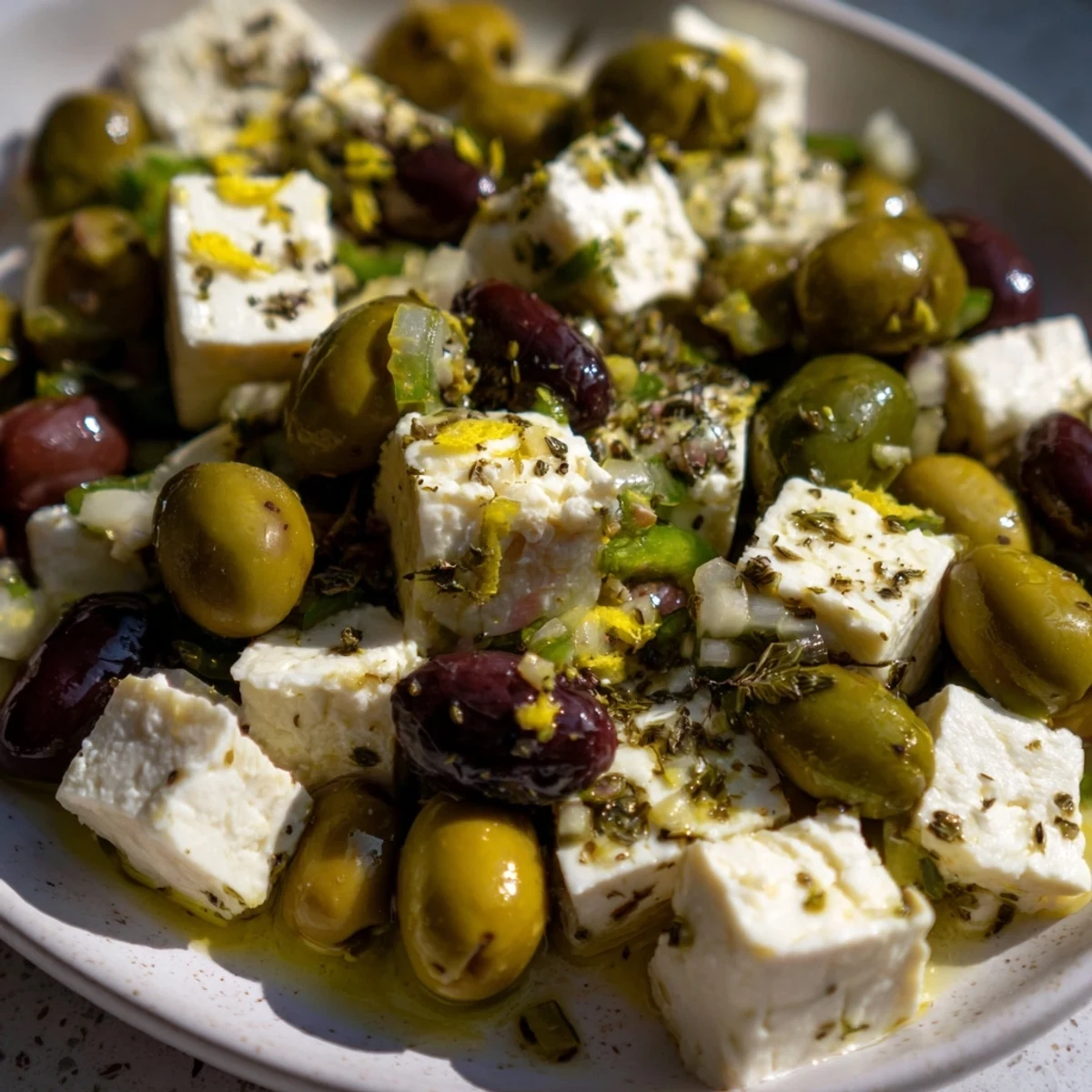 Close-up of bright citrus-infused marinated olives and feta, showcasing the fresh herbs and rich olive oil for dipping.