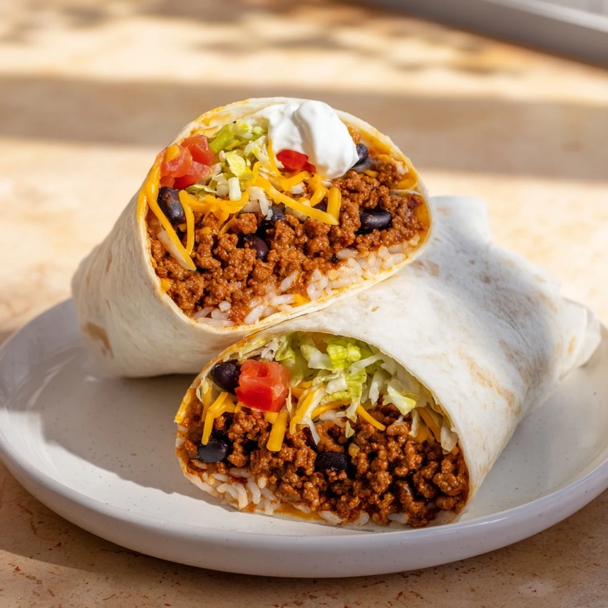 A steaming hot Beef Burrito filled with seasoned ground beef and melted cheese, ready to eat.