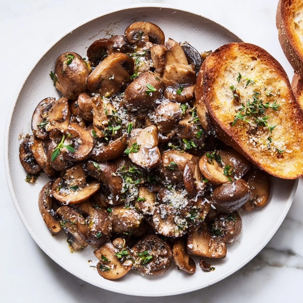 Toasted sourdough topped with savory garlic mushrooms; a delicious light meal.