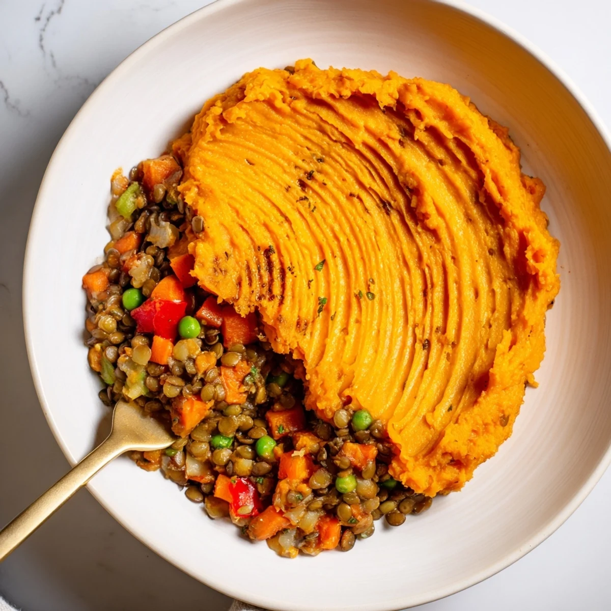 Vegan Lentil Shepherd's Pie with sweet potato mash, bubbling hot after baking, perfect for dinner.