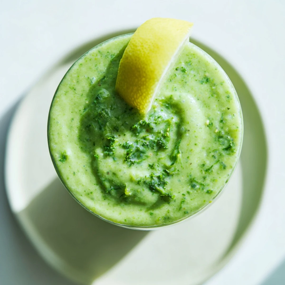 Vibrant green Detox Green Smoothie, blended creamy with chunks of avocado and fresh ginger.