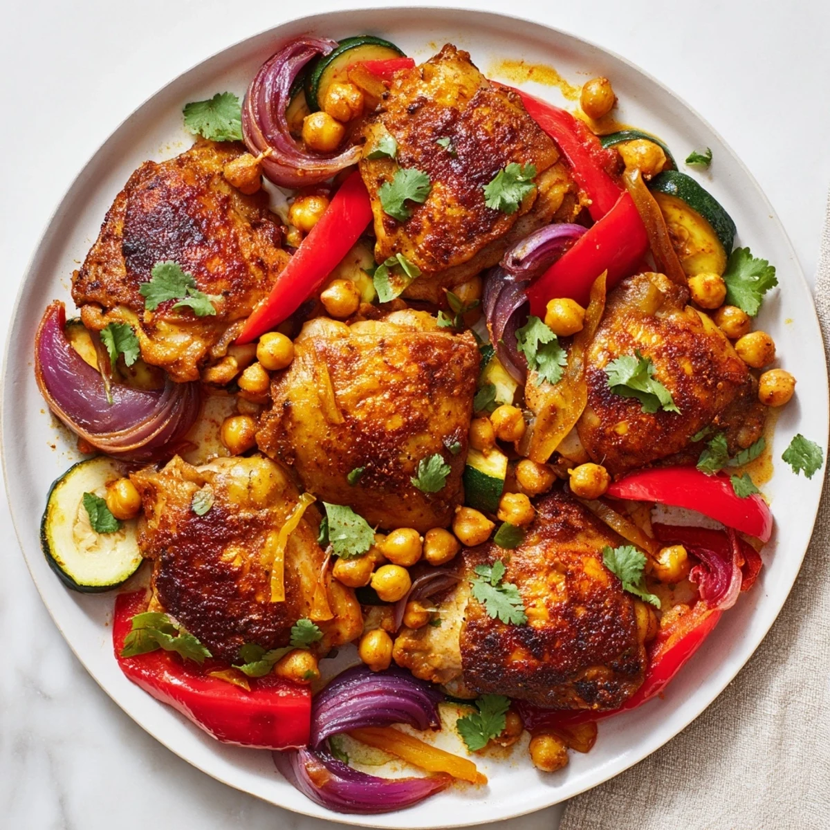 Golden sheet pan harissa chicken with tender vegetables, ready for a flavorful dinner tonight.