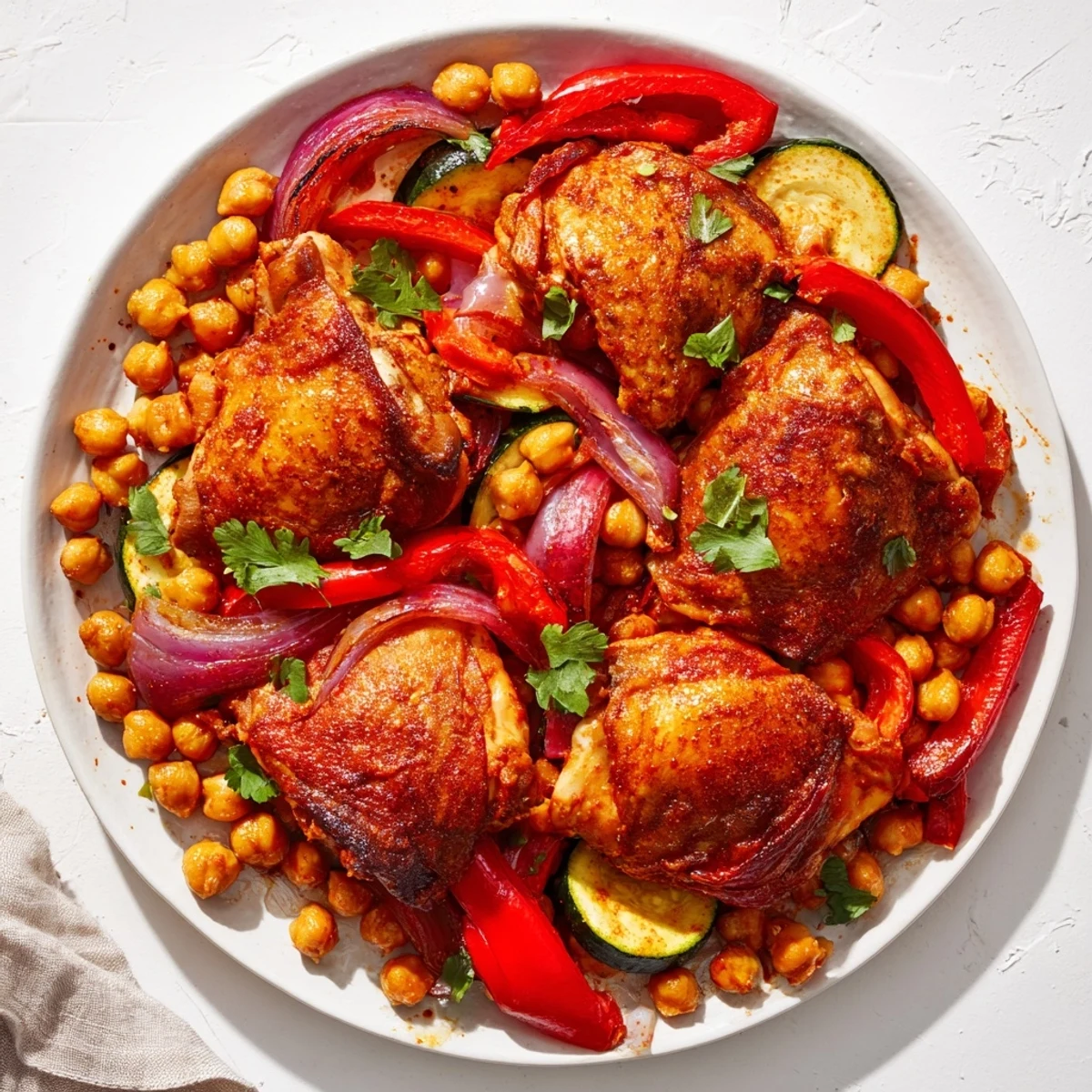 Smoky, spicy sheet pan harissa chicken served with roasted chickpeas, perfect for a dairy-free meal.