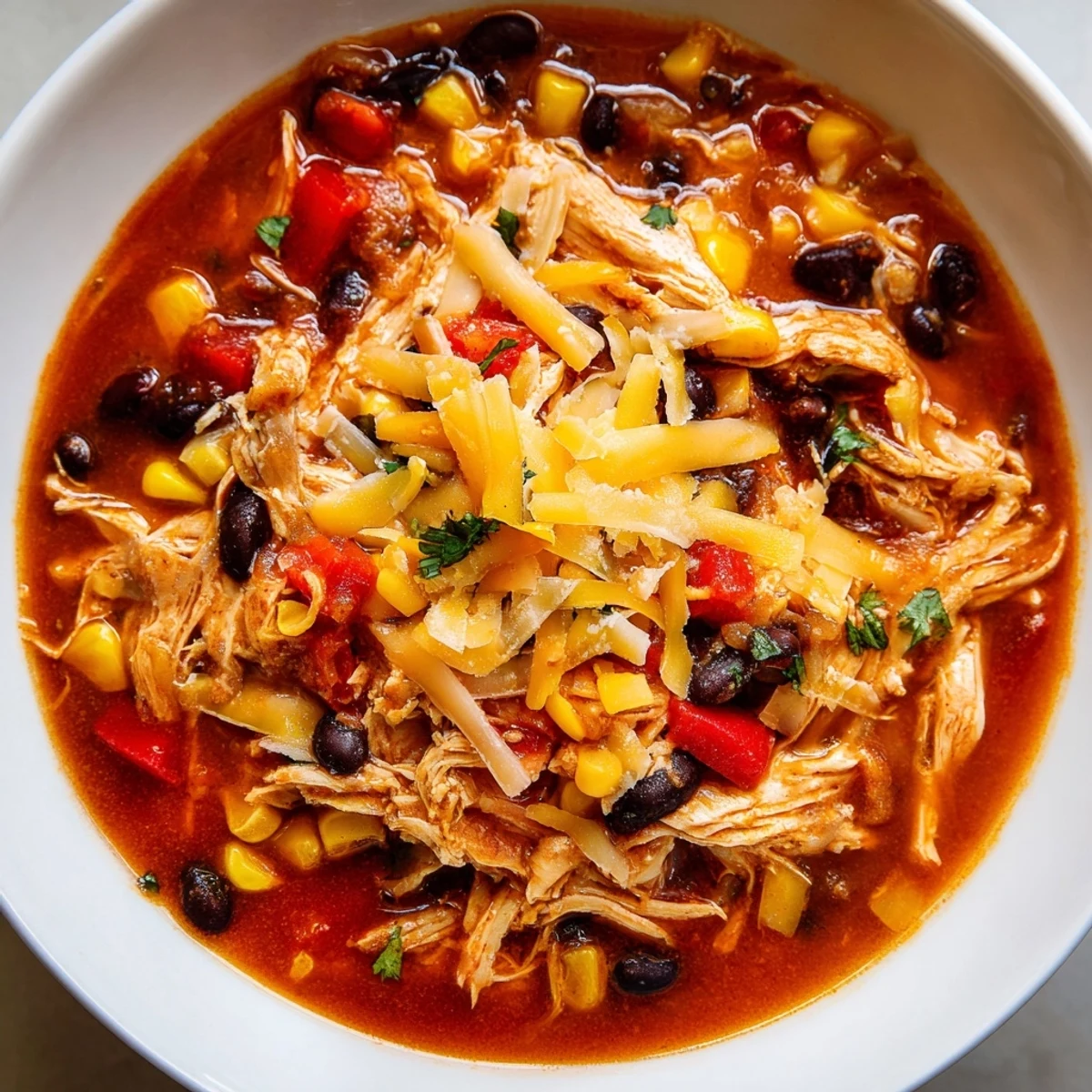 Steaming bowl of Slow Cooker Chicken Enchilada Soup, garnished with vibrant cilantro and avocado slices.